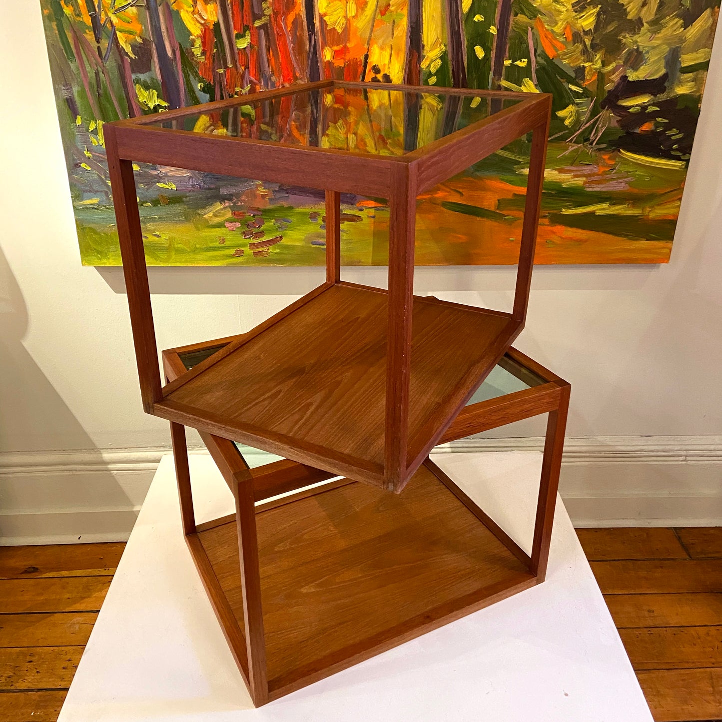 Teak & Blue Glass Side Tables